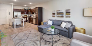 A modern open-concept living room and kitchen with a gray sofa, geometric-patterned rug, and a round glass coffee table. The kitchen features dark wood cabinets, stainless steel appliances, and a breakfast bar with two stools. Three abstract paintings hang on the wall.