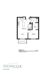 A floor plan of "Unit A1" in Anchor View Apartments, North St. Paul, MN, measuring 679 square feet. The layout includes 1 bedroom, 1 bathroom, a kitchen/dining area, a living room, a laundry/utility closet, a walk-in closet, and a balcony/patio.