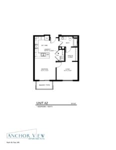 A floor plan for Unit A2 at Anchor View Apartments in North St. Paul, MN. The layout includes a bedroom, bathroom, laundry/storage closet, kitchen/dining area, and living room. The unit also features a walk-in closet and a balcony/patio. The total area is 679 SF.