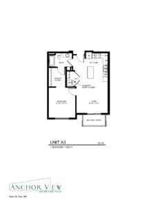 A floor plan labeled "Unit A3" for Anchor View Apartments in North St. Paul, MN. The layout includes 1 bedroom, 1 bath, a kitchen, a living area, a laundry/entry closet, a walk-in closet, and a balcony/patio, totaling 704 sq. ft.