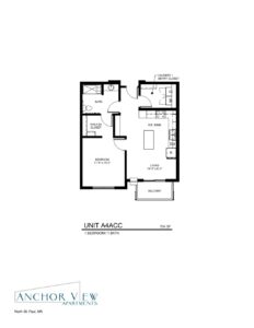 A floor plan layout of a one-bedroom, one-bath apartment unit A4ACC measuring 704 square feet. The apartment includes a living room, kitchen/dining area, bedroom with a walk-in closet, bathroom, laundry/utility closet, and a balcony. "Anchor View Apartments, North St. Paul, MN" is labeled at the bottom left.