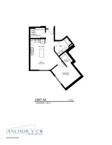 Floor plan for Anchor View Apartments, UNIT A5, 706 square feet, 1 bedroom and 1 bathroom. Layout includes a kitchen/dining area, living room, bedroom with walk-in closet, bathroom, washer/dryer, and entry closet. Located in North St. Paul, MN.