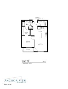 A floor plan labeled "UNIT A6," featuring 1 bedroom, 1 bath, and 785 square feet of space. Includes a bedroom with a walk-in closet, a bathroom, a laundry/entry closet, a kitchen/dining area, a living room, and a balcony. "Anchor View Apartments, North St. Paul, MN" is noted.