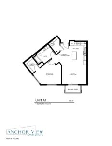 A floor plan labeled "Unit A7" at Anchor View Apartments in North St. Paul, MN. This 850 sq. ft. unit features 1 bedroom, 1 bathroom, a kitchen, living area, laundry/entry closet, walk-in closet, balcony/patio, and a dedicated dining area.
