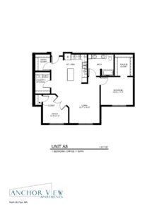 Floor plan for Unit A8 at Anchor View Apartments in North St. Paul, MN, featuring 1 bedroom/office, 1 bath, an entry closet, laundry/storage area, kitchen, living room, walk-in closet, and a total area of 1,077 square feet.