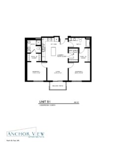 A detailed floor plan labeled "UNIT B1" for a 2-bedroom, 2-bath apartment with 980 square feet. The layout includes a kitchen, living/dining area, laundry/entry closet, balcony/patio, and two walk-in closets. The Anchor View Apartments logo is at the bottom.