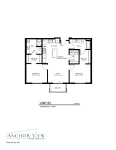 A floor plan labeled "Unit B2" for Anchor View Apartments, North St. Paul, MN. The 2 bedroom, 2 bath layout includes a kitchen, living/dining area, laundry/entry closet, balcony, and walk-in closets in each bedroom. Total area: 1,009 square feet.
