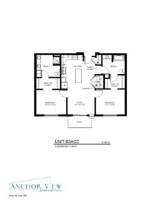 Floor plan of a two-bedroom, two-bathroom apartment labeled Unit B3ACC, measuring 1000 square feet. Features include a living room, kitchen with dining area, laundry room, entry closet, two walk-in closets, and a patio. "Anchor View Apartments" logo and North St. Paul, MN.