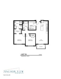 A floor plan for a 2-bedroom, 2-bathroom apartment unit (Unit B4) at Anchor View Apartments in North St. Paul, MN. Features include a walk-in closet, laundry room, entry closet, kitchen/dining area, living room, and balcony. Total area is 1,038 square feet.