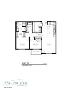 A floor plan layout for Unit B5 at Anchor View Apartments in North St. Paul, MN. This 2-bedroom, 2-bath unit covers 1,070 square feet and features a kitchen, living room, patio/balcony, and laundry area. Bedrooms have walk-in closets.