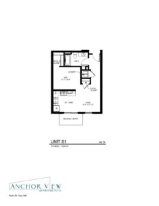 A black-and-white floor plan of Unit S1 at Anchor View Apartments in North St. Paul, MN. The 548 sq ft studio includes a living area, kitchen, dining area, bathroom, laundry, walk-in closet, entry closet, and a balcony/patio.