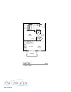 Black and white floor plan of Anchor View Apartments, Unit S2. The 548 sq ft studio includes a walk-in closet, bath, den, kitchen, living area, laundry, and balcony. The plan also highlights the entrance and overall layout of the unit. Location: North St. Paul, MN.
