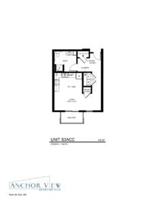 A floor plan of the Anchor View Apartments, Unit S3ACC with dimensions of 548 square feet. The layout includes a bathroom, laundry area, entry closet, kitchen/dining space, living area with a closet, and a balcony. Located in North St. Paul, MN.