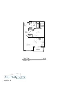 Black and white floor plan for a 591 square foot studio apartment. Includes entry closet, bath, kitchen, living/sleeping area, laundry closet, walk-in closet, den, and balcony. "Anchor View Apartments" is labeled at the bottom left, noted as located in North St. Paul, MN.