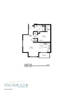 Floor plan of Unit S5, a studio apartment with one bathroom, at Anchor View Apartments in North St. Paul, MN. The layout includes a kitchen with dining area, living space, den, laundry room, entry closet, walk-in closet, bathroom, and a balcony. The unit is 638 square feet.
